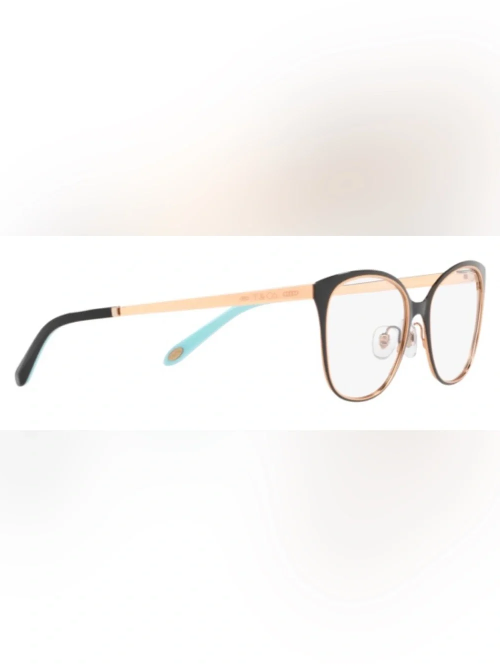 Tiffany & Co Black and Rose Gold Cat-Eye Glasses with Aqua Temples made in Italy